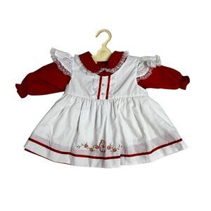 Vintage Mayfair Pinafore Dress Baby Girl Size 12m Red White Collared 80s 90s